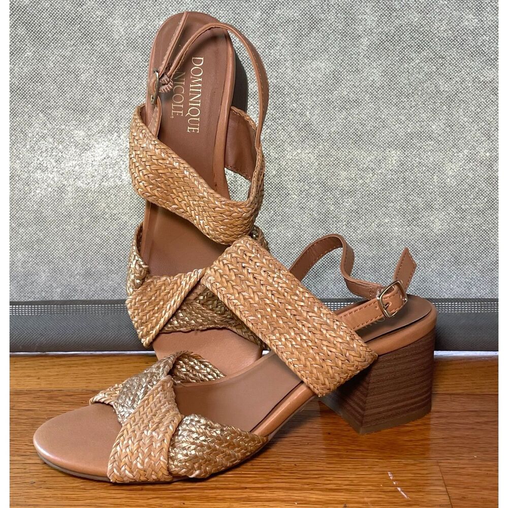 Dominique Nicole Harmony Tan Gold Woven Slingback Block Heel Sandals 7M